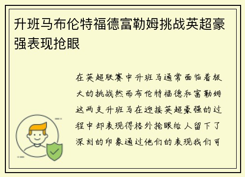 升班马布伦特福德富勒姆挑战英超豪强表现抢眼