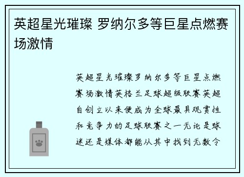 英超星光璀璨 罗纳尔多等巨星点燃赛场激情 英超星光璀璨 罗纳尔多等巨星点燃赛场激情